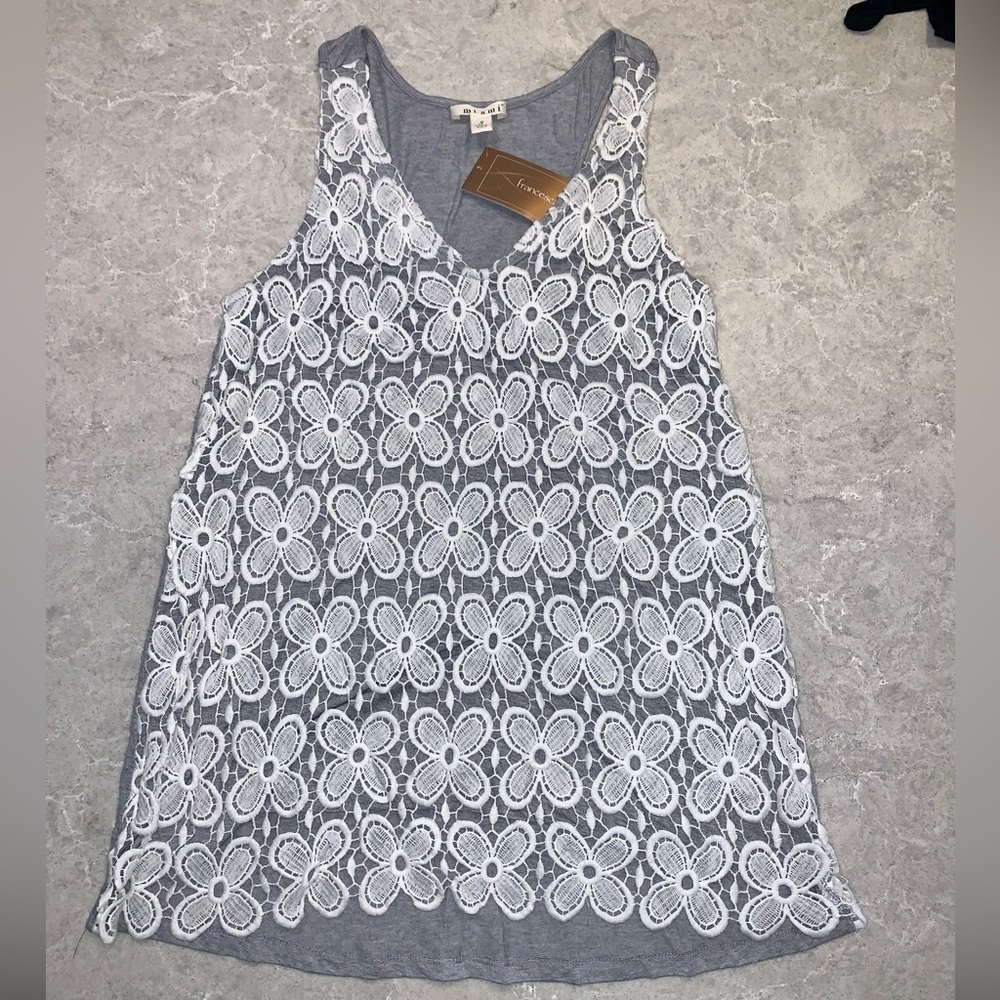 Francesca's Miami Gray Tank White Flower Crochet Eyelet Lace Overlay Shirt